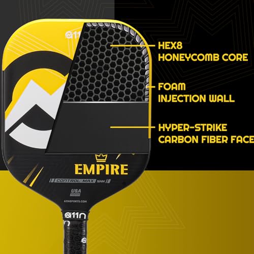 A11N Empire Edgeless Pickleball Paddle – Carbon Fiber Paddle with Longer Handle Design for Double-Handed Backhand & SuperGrit Surface Texture Technology, ControlMax - Wide Body Shape, Yellow