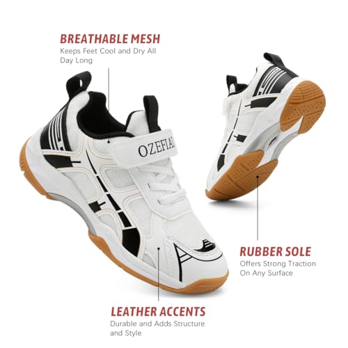 Ozefiad Kids Racket Sneakers - Boys Girls Badminton Shoes Tennis Shoes, Suitable for All Courts Squash Sneakers | Strong Support and Shock Absorption (Little Kids/Big Kids) White Black