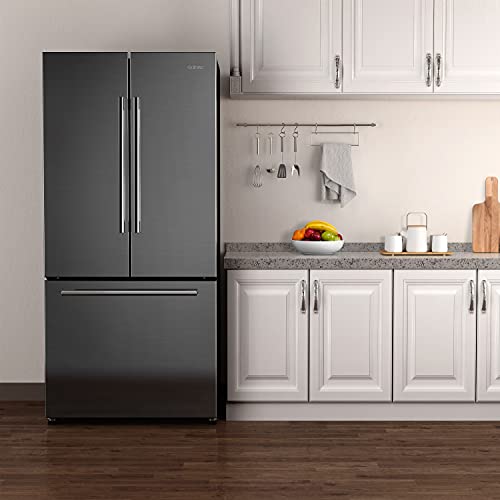 Galanz French Door Refrigerator with Installed Ice Maker and Bottom Freezer, Adjustable Electrical Thermostat Control, Frost Free, Energy Star Certified, Stainless Steel, 18 Cu Ft