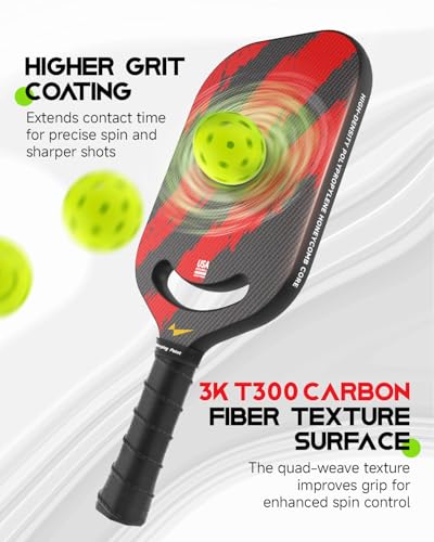 Warping Point Ascent Pickleball Paddles | Carbon Fiber Pickleball Racket with Aero Throat | Textured Grit Surface | 13mm Hexa Polymer Core | USAPA Approved | Designed for Power & Spin | Red