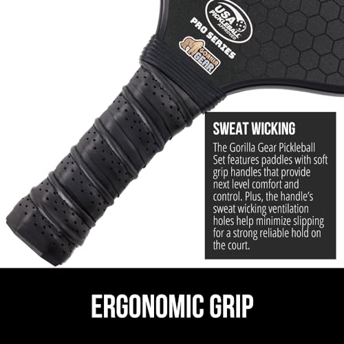 Gorilla Gear USAPA Approved Pickleball Paddles Set of 4, Indoor Fiberglass Shock Absorbent Racket with Comfortable Grip, Outdoor Pickle Ball Court Equipment, Sports Accessories Includes Bag, Black