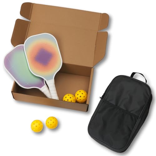 Pickleball Paddles Set, Premium Lightweight Fiberglass Surface Polypropylene Core Pickleball Rackets, Pickleball Set of 2 with 4 Outdoor Balls and Carry Bag for Beginners (Grid Fade)