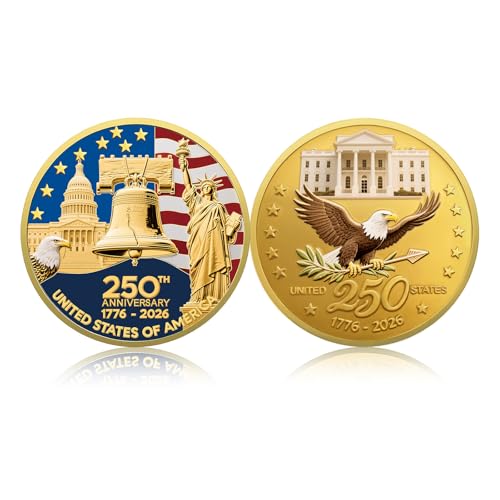 Upgrade 1.77-inch 250th Anniversary Commemorative Coins - Golden American Flag & Liberty Bell Design Collectible Coins, Durable Metal Anniversary Coins for Display, Collectors & Gift Idea (L-1PCS)