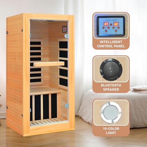 Lamar Far Infrared Sauna with Red Light, Low EMF Home Sauna Room, 10-Color Light, Bluetooth Speakers, Digital Control Panel - Personal Indoor Luxury Spa for House and Gym