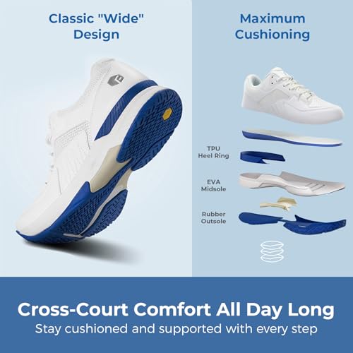 FitVille Men‘s Wide Pickleball Shoes All Court Tennis Shoes with Arch Support for Plantar Fasciitis (White, 10.5 Wide)