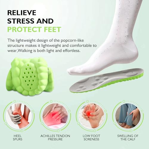 Pickleball Insoles, 4D Memory Foam Arch Support Inserts, Shock Absorbing, Anti-Slip Massage Support, Breathable Comfort for Walking & Sports(Green, Men 6-7/Women 8-9)
