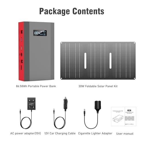 Portable Solar Power Bank with AC Outlet 65W 110V External Battery Pack, 23400mAh Portable Laptop Charger with Foldable Solar Panel 30W for Outdoor Smart Device Camping Hiking Trip Off Grid Backup