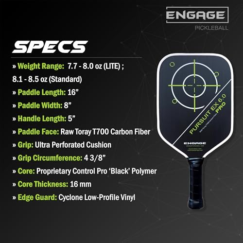 Engage Pursuit Pro EX 6.0 Pickleball Paddle – Widebody Shape, Raw T700 Toray Carbon Fiber Face, 16mm Control Pro Black Core (Alpine Lime, Standard (8.1-8.5oz))