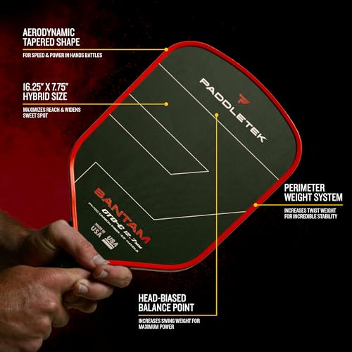 Paddletek Bantam GTO-C 12.7mm Hybrid Pickleball Paddle – Raw Carbon Fiber Face – Aerodynamic Tapered Shape – Polymer Core – 16.25" x 7.75" – 5.5 inch Handle – UPA-A & PBCoR .43 Certified – Made in USA