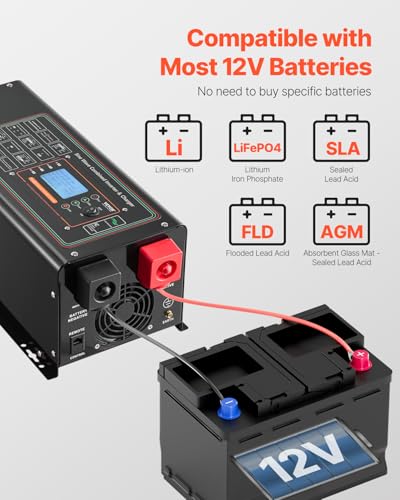 VEVOR Pure Sine Wave Inverter Charger, 2000 Watt, DC 12V to AC 120V, Battery Charger with LCD Display, Remote Control, Solar Inverter for Off-Grid Solar RV Boat Home, Compatible with Various Batteries