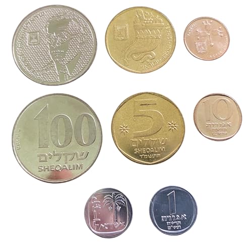 Israel 4 Coins Set – 1, 10 New Agorot & 5, 100 Sheqalim UNC & Fine World Coins | Collectible Israeli Currency | Palm Tree, Pomegranate & Cornucopia Designs