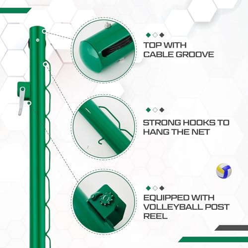 Otoolling Tennis Posts with Net Crank Outdoor Heavy Duty Professional Green Tennis Permanent Court Kit for Net Quick Fixation System Equipped with a Cable Reel(Round,42 inches)