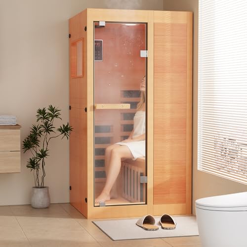 ROCSUMOO Infrared Sauna for 1 Person, Wooden Dry Sauna Room with backrest, 960W/120V Low EMF Indoor Saunas with Control Panel, 7-Color Therapy&Timer, Bluetooth Speakers for Home