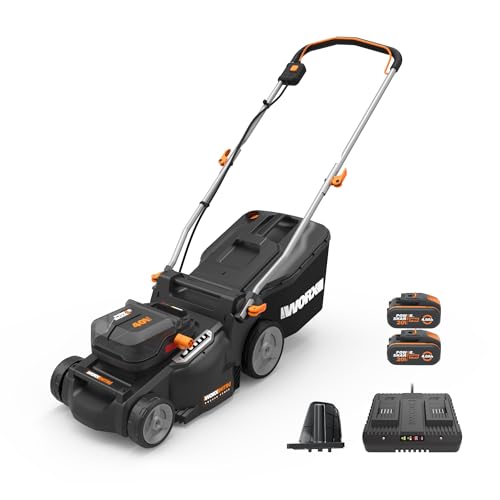 WORX Nitro 16" Cordless Lawn Mower, 2 in 1 Electric Mower with with Brushless Motor, Lightweight Push Lawn Mower for 1/4 Acre, 2 Batteries & Charger Included, WG737