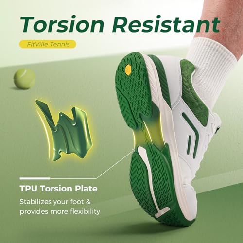 FitVille Wide Pickleball Shoes for Men, Wide Tennis Shoes for Men, Hard Court, Clay Court, Racquetball, Squash, Breathable, Comfortable, Lightweight, White Green, 9.5