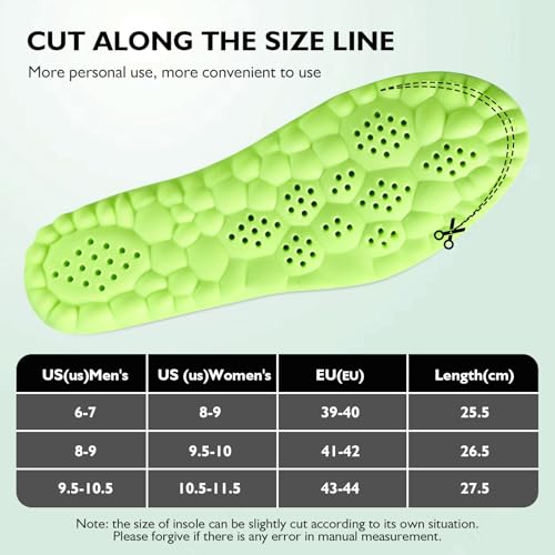 Pickleball Insoles, 4D Memory Foam Arch Support Inserts, Shock Absorbing, Anti-Slip Massage Support, Breathable Comfort for Walking & Sports(Green, Men 6-7/Women 8-9)