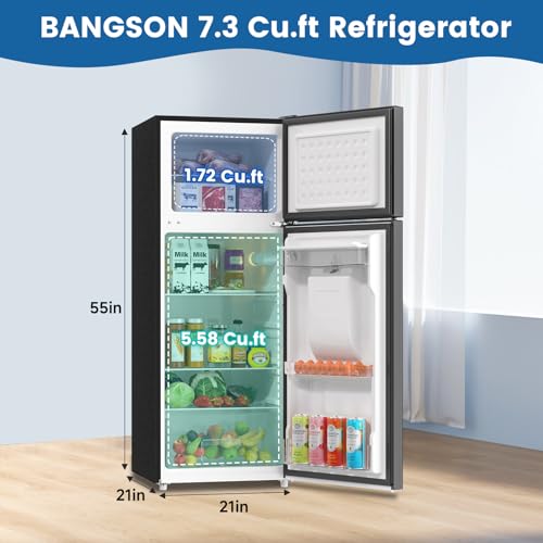 BANGSON 7.3 Cu.Ft Refrigerator with Water Dispenser, Apartment Refrigerator with Freezer, Adjustable Thermostat, Low Noise, Fridge for Office, Kitchen, and Home, Silver
