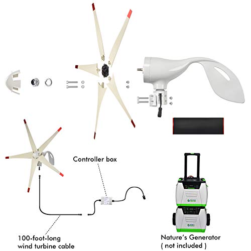 Nature's Generator Wind Turbine Includes 100 Foot 12 AWG Cable, 5 Blades, Controller Box, Land or Marine Use Day and Night