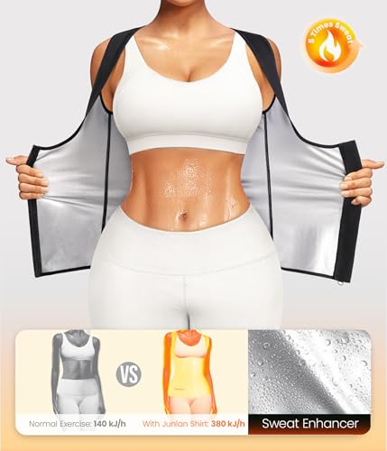 Junlan Sauna Suit for Women Waist Trainer Vest for Women Sweat Tank Top Shaper for Women with Zipper (Black, Large)