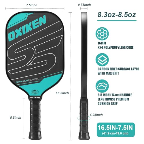 OXIKEN 16 mm Pickleball Paddles USAPA Approved T700 Carbon Fiber Surface (CFS) 8.3oz Pickle Paddle, Thermoformed High Grit & Spin, 5.5” Elongated Handle, Anti Slip Sweat Absorbing Grip with Cover Case