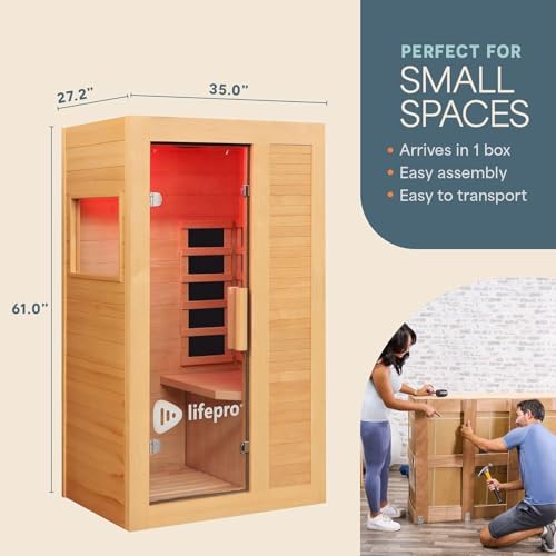 LifePro Rejuvacure Cozy Far Infrared Sauna with Red Light Therapy – 1 Person Home Sauna, 7 Carbon Fiber Heaters, Canadian Hemlock, Bluetooth & Chromotherapy – Indoor Relaxation & Wellness