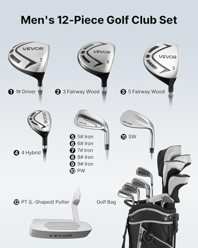 VEVOR Golf Club Set, 12 Pieces Men's Complete Golf Club Set Right Handed with 460CC #1 Driver, #3 & 5 Fairway Wood, #4 Hybrid, #5/#6/#7/#8/#9/#PW/#SW Irons, L-Shaped Putter, Golf Stand Bag, Black