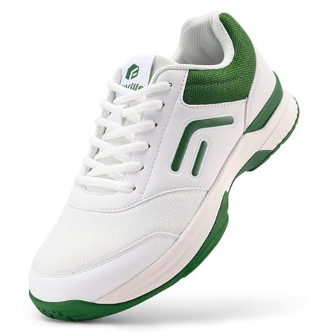 FitVille Wide Pickleball Shoes for Men, Wide Tennis Shoes for Men, Hard Court, Clay Court, Racquetball, Squash, Breathable, Comfortable, Lightweight, White Green, 9.5