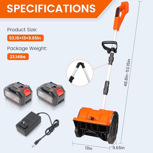 Cordless Snow Shovel 13", 48V 600W, 2×4.0Ah Batteries & Quick Charger, 12" Width 8" Depth, 25FT Throw Electric Snow Blower with Directional Plate & Adjustable Handle for Driveways & Sidewalks(Orange)