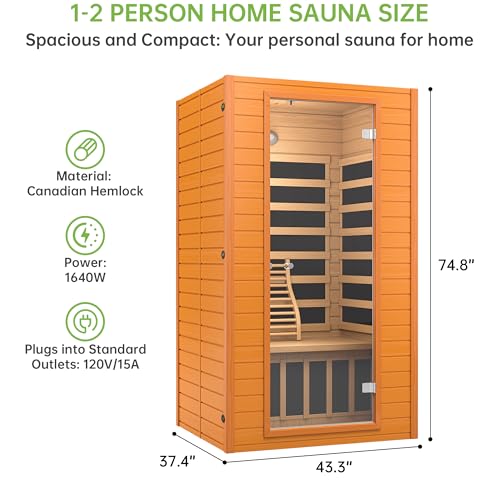 Real Relax Infrared Sauna for Home, Home Infrared Saunas up to 1-2 Persons, Canadian Hemlock Wooden Indoor Dry Sauna Room with Low Emf Red Light Therapy, 9-Color Chromotherapy Lights