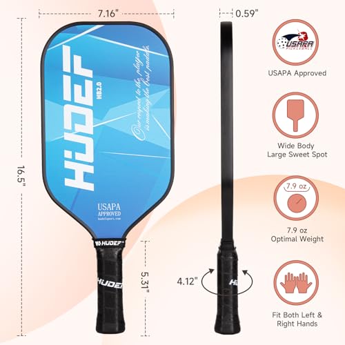 HUDEF Pickleball Paddle USAPA Approved, Lightweight Carbon Fiber Face and Polypropylene Honeycomb Core Pickleball Racket with Cover, Elongated Handle and Cushion Comfort Grip Pickle Ball Paddle Blue