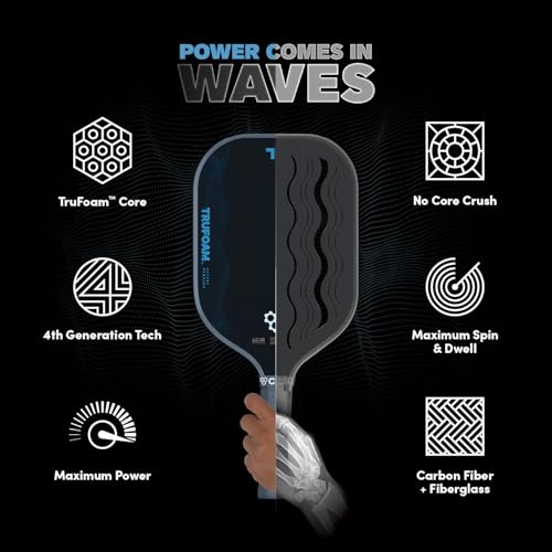 CRBN Pickleball - TruFoam Waves Paddle - Elongated w/Long Handle - Carbon Fiber Pickleball Paddle - 100% Foam Core Designed for Maximum Power, 14mm