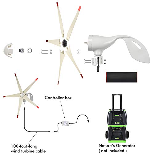 Nature's Generator Wind Turbine Includes 100 Foot 12 AWG Cable, 5 Blades, Controller Box, Land or Marine Use Day and Night