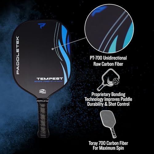 Paddletek Tempest Wave PRO-C 14.3mm - USAPA Approved Pickleball Paddles with Polymer Honeycomb Core - PT-700 Unidirectional Carbon Fiber – Torsional Weighting & High Tack Performance Grip