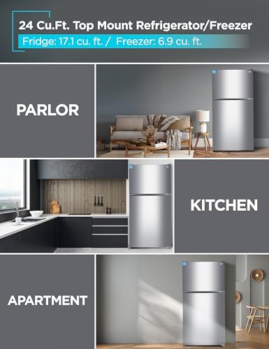 BLACK+DECKER 24 Cu. Ft. Top Mount Refrigerator with Freezer, 2 Door Refrigerator with Top Freezer and Adjustable Temperature Control, Full Size Kitchen, ENERGY STAR, BR2400JS, Stainless Look