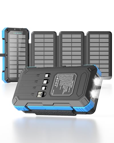 Kepswin Solar Charger Power Bank 49800mAh with 4 Built-in Cables & 3 Foldable Panels, PD22.5W Fast Portable Phone Charger, External Battery Pack with USB-C in/Output & Flashlight for Outdoor Camping