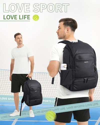 sportsnew Pickleball Bag, Waterproof Pickleball Backpack for Women Men with Shoe Compartment & Fence Hook, Black Patent Pending