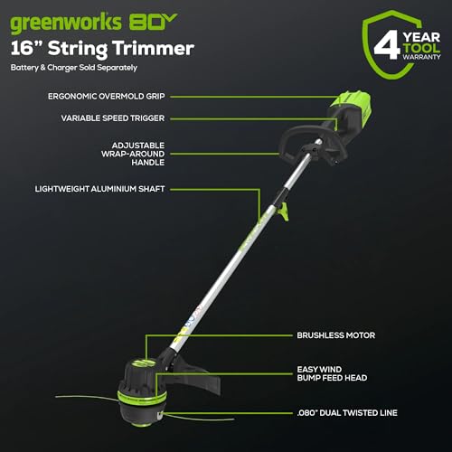 Greenworks 80V 16" Brushless Cordless String Trimmer – Battery & Charger Not Included, .080" Dual Line, Variable Speed, Lightweight Design, 4-Year Warranty