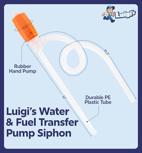 Luigi's Siphon Pump - Siphon Hose for Water & Gasoline Fuel Transfer - Large Hand Water Pump for Squeezing Gas Lawn Mowers & Manual Pumping Petrol Liquid Syphon Alcohol and more