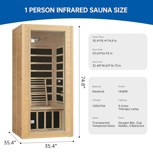 RESTISLAND Infrared Sauna Room for Home, Near Zero EMF Wooden 1 Person Indoor Home Sauna with Bluetooth, LCD Control Panel, Chromo Therapy Light