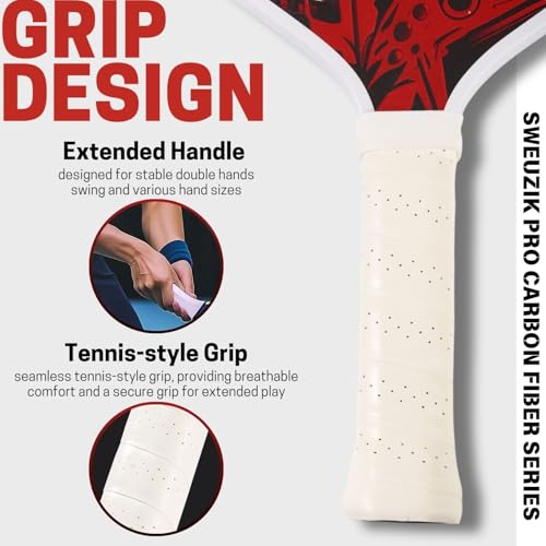 Raw Carbon Fiber Pickleball Paddles, Matte Surface Stylish Red Pickle Ball Paddle for Enhanced Spin & Control, 16mm PP Honeycomb Core Pickleball Racket, Pickleball Paddle Gifts for Beginner & Advanced