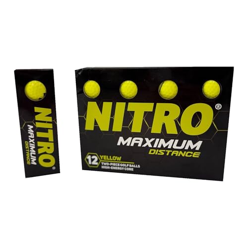 Nitro Long Distance Golf Balls (12PK) All Levels Maximum Distance Titanium Core 85 Compression High Velocity Spin Control Long Distance Golf Balls USGA Approved-Total of 12-Yellow