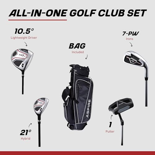 Aspire XD1 Teen Golf Club Set for Ages 13–16 – Complete Youth Golf Set with Driver, Hybrid, 7–PW Irons, Putter, Stand Bag & 3 Headcovers - Graphite/Steel Shafts - Right Hand