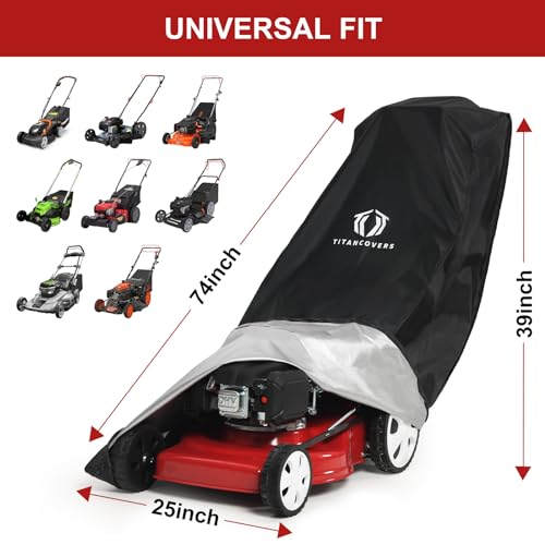 TitanCovers Lawn Mower Cover with PA Coating & Double Drawstring & Storage Bag, Heavy Duty 600D Polyester Oxford Push Mower Cover, Waterproof Lawnmower Covers for Outdoor
