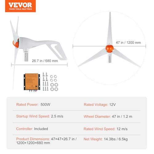 VEVOR 500W Wind Turbine Generator, 12V Wind Turbine Kit with MPPT Controller, 3-Blade Wind Power Generator with Adjustable Windward Direction, 2.5m/s Start Wind Speed for RVs, Boats, Home, Farm