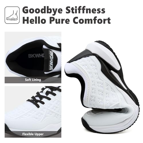 BKWHDAY Pickleball Shoes Men Tennis Court Sneakers Indoor Outdoor Breathable Athletic Sports Lightweight Non Slip White/Black