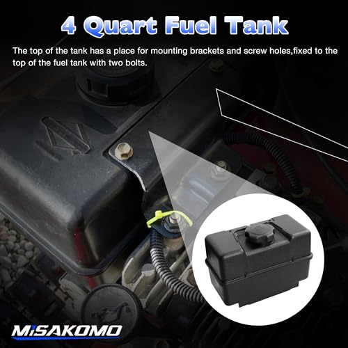 Misakomo 691993 Fuel Tank - 4 Quart Plastic Gas Tank with Shut Off Valve and Cap - Fuel Gas Tank Compatible with Lawn and Garden Equipment Engines - Lawnmower Gas Tank for Remote Mounting