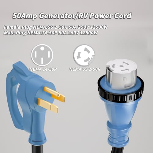 PlugSaf 50 Amp Generator Cord, 15FT 50 Amp RV Extension Cord with Twist Lock, Generator Cable 50A 4 Prong Blue, NEMA 14-50P/SS2-50R Heavy Duty STW Wire for RV Camper & House