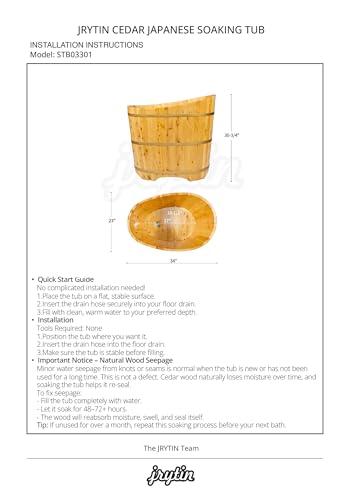 JRYTIN 34 Inches Small Handcrafted Free Standing Wooden Bathtub, Portable Deep Soaking Tub for Relaxation, Natural Cedar Wood, Ideal for Home Spas and Bathroom Renovations, Perfect Hot Tub Option