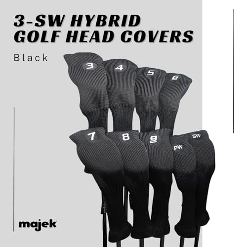 Majek All Hybrid Golf Club Black Sleek Tight Fit Headcover Set 3-SW Acrylic Head Covers 3 4 5 6 7 8 9 PW SW (Total of 9 Hybrid Head cover Set)