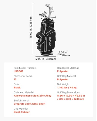 VEVOR Golf Club Set, 12 Pieces Men's Complete Golf Club Set Right Handed with 460CC #1 Driver, #3 & 5 Fairway Wood, #4 Hybrid, #5/#6/#7/#8/#9/#PW/#SW Irons, L-Shaped Putter, Golf Stand Bag, Black